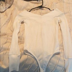off the shoulder creme knit bodysuit